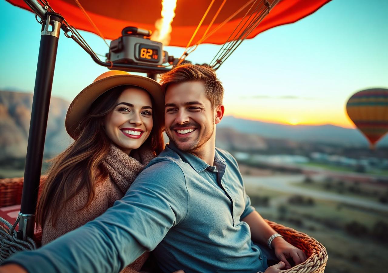 Couple in balloon basket at sunrise