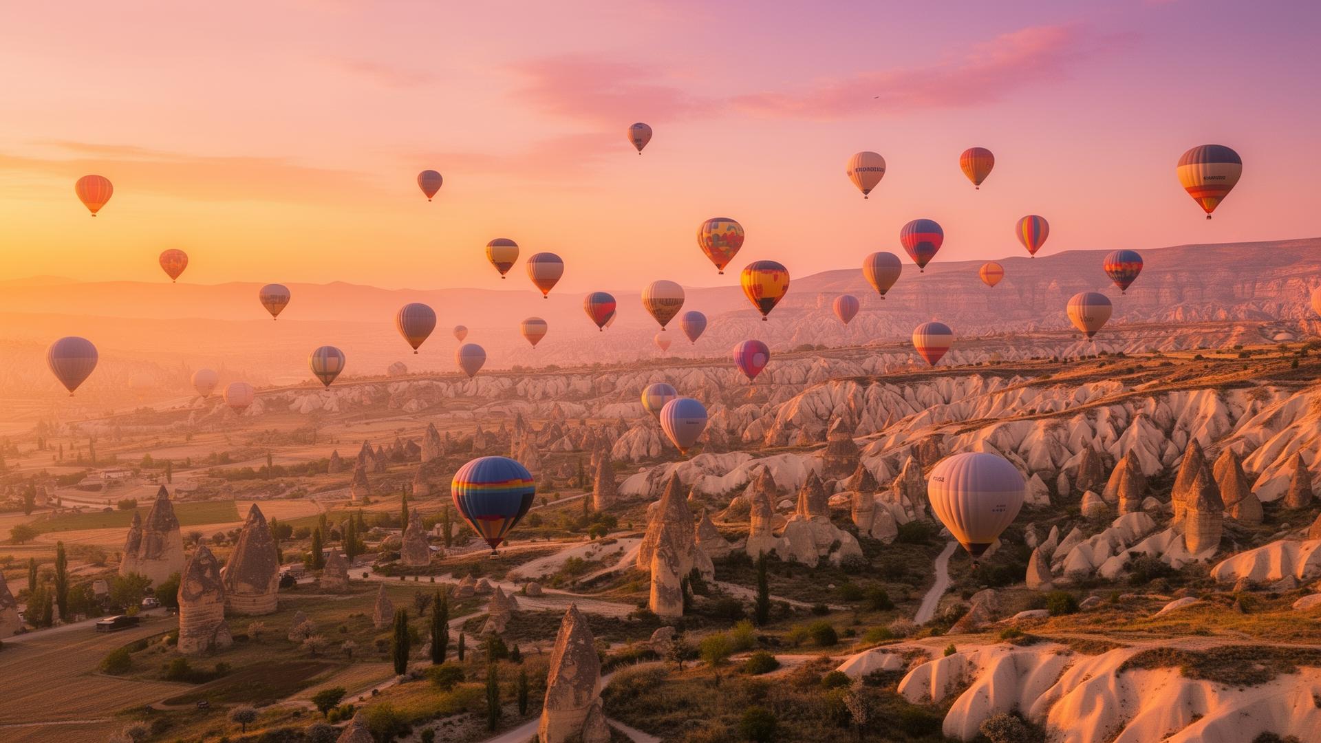 Hot air balloons floating at sunrise over fairy chimney rock formations
